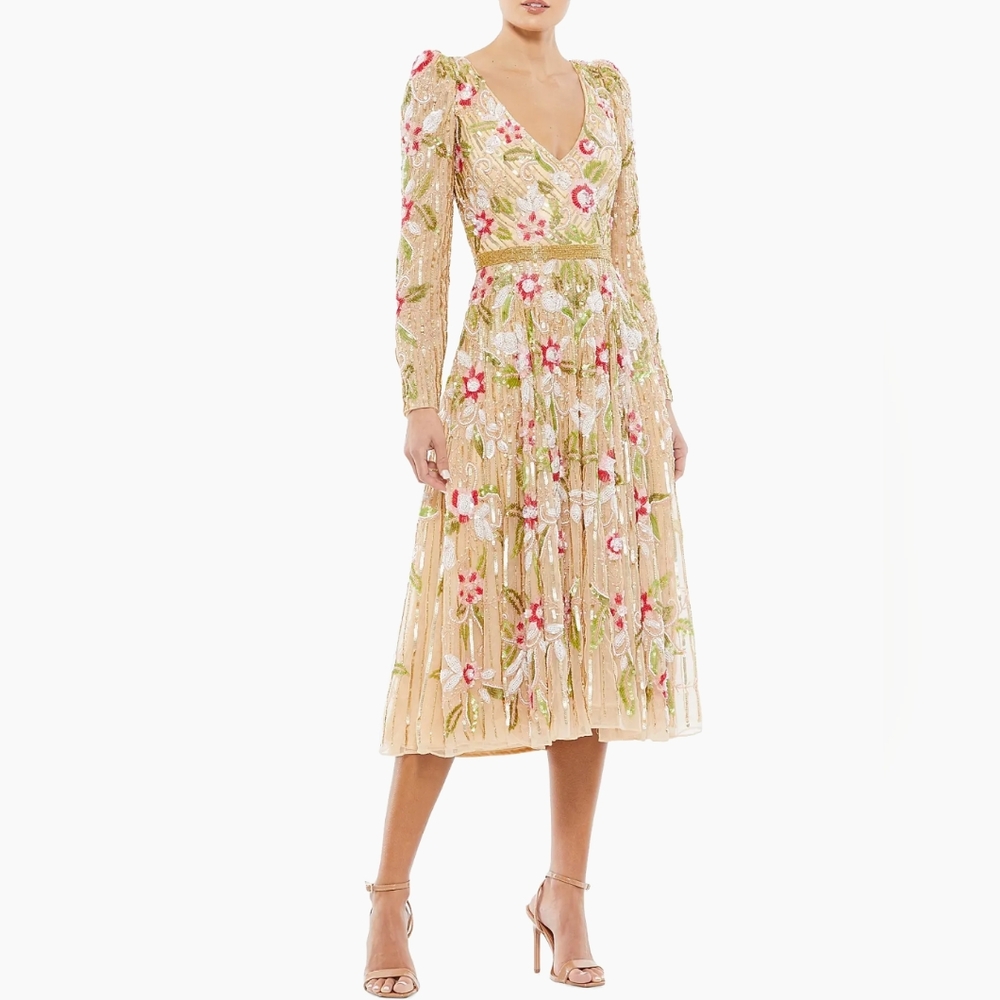 Mac Duggal Gold Embroidered Floral Long Sleeve Midi Dress